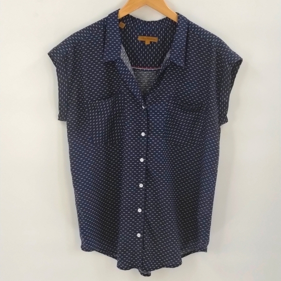Jachs Girlfriend button down medium navy white print short sleeve front pockets - Picture 1 of 8